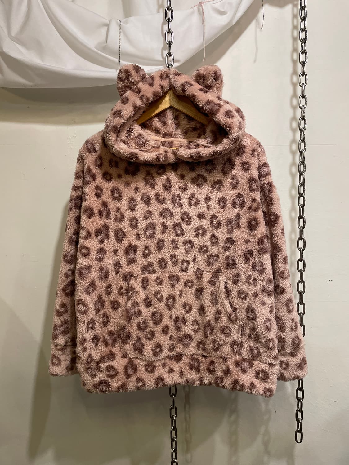 gu 지유 레오파드 곰돌이 핑크 뽀글이 후드티 러블리 갸루 상품이미지1