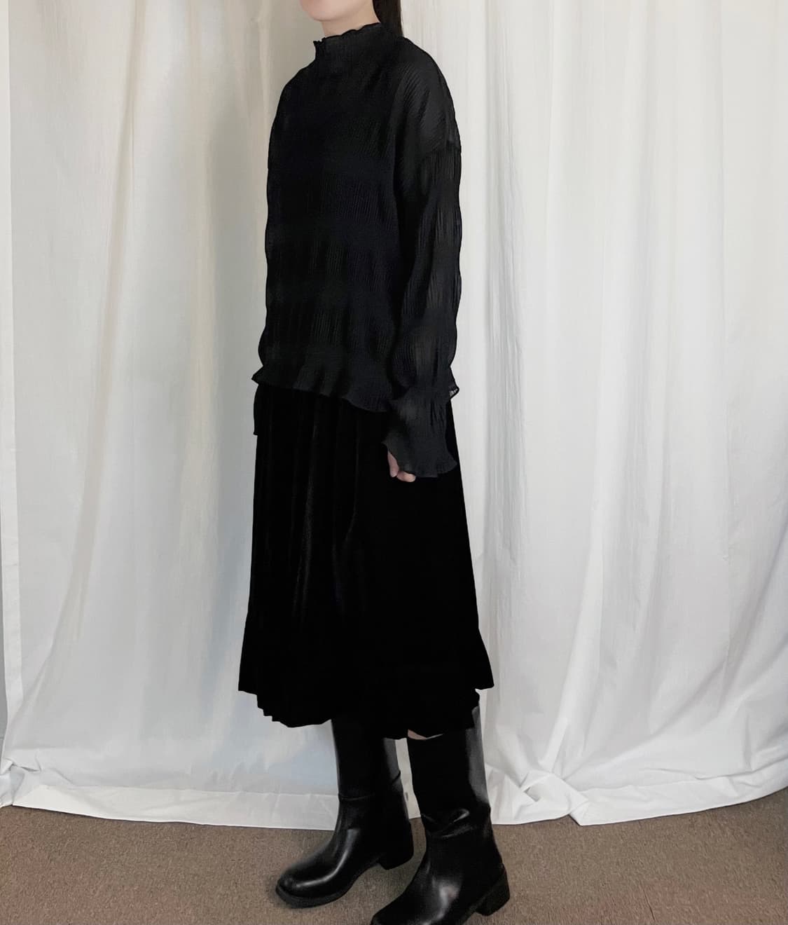 Chiffon Shirring Blouse - Black 상품이미지2