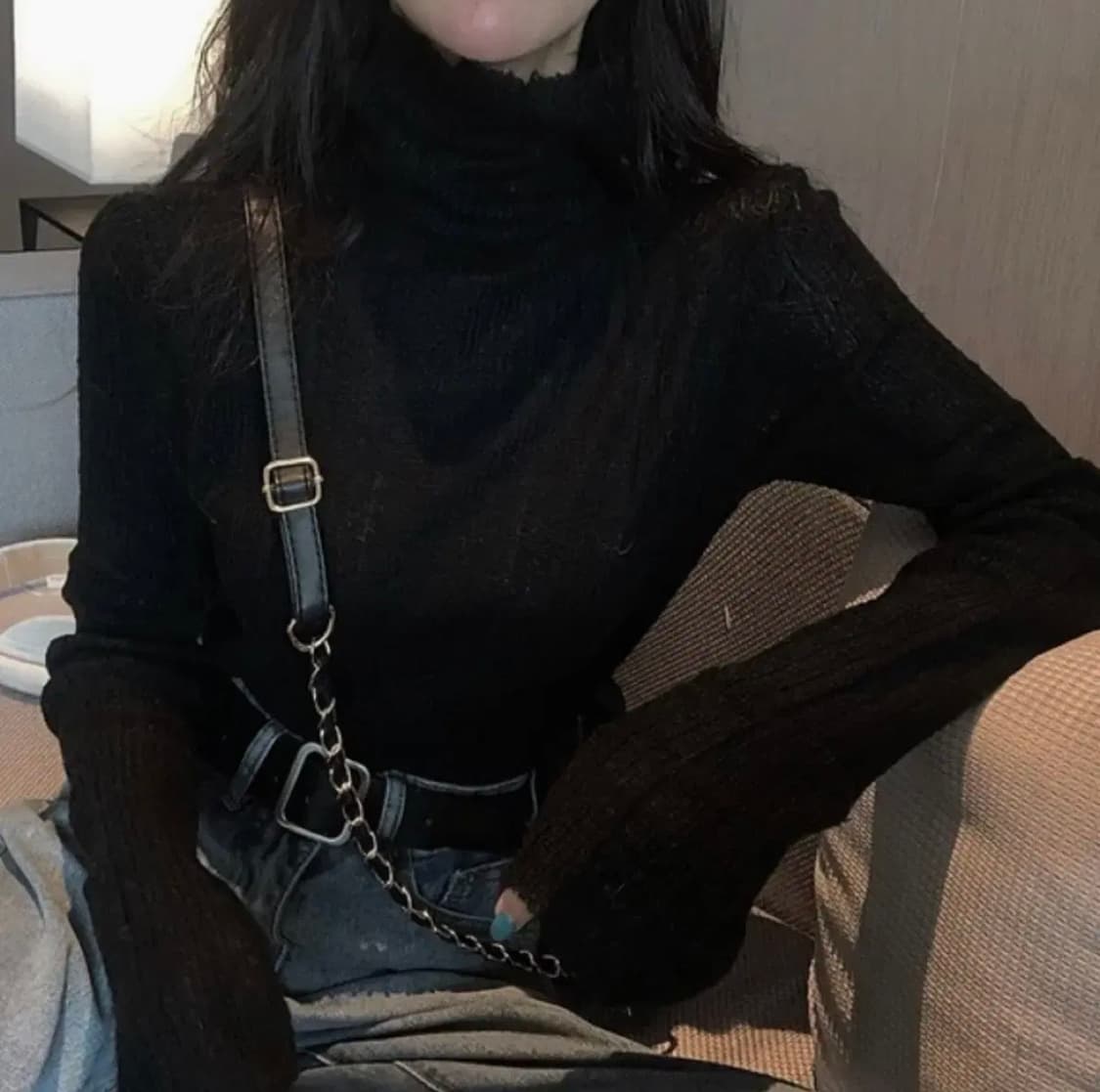 하이넥 터틀 폴라 시스루 니트탑 (블랙,검정) 상품이미지5