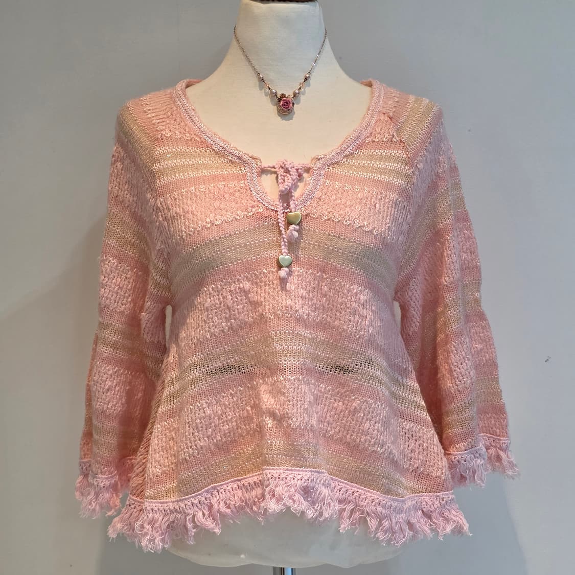 핑크st 하트 크로셰 시스루 가오리 로맨틱 니트 상품이미지1