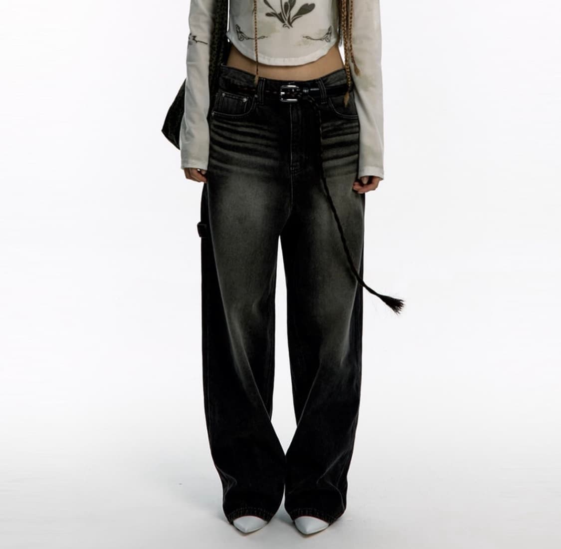 카시코 엠브로이드 워싱 데님팬츠 블랙 s 상품이미지3