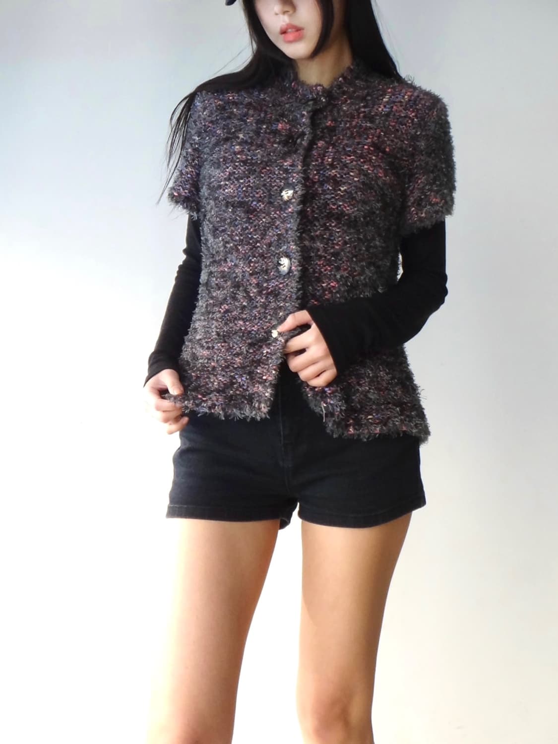 Color mix boucle button half cardigan  상품이미지5