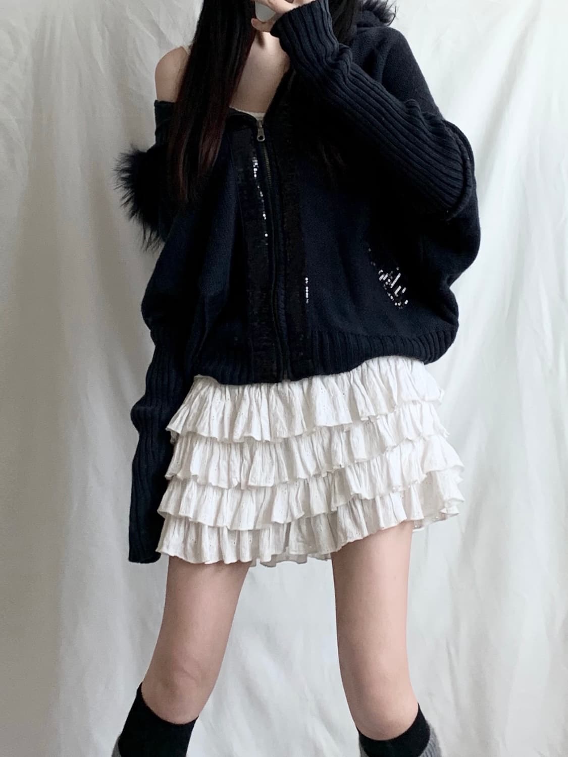 딥네이비 펑크 오네갸루 퍼 가오리핏 니트 후드집업 상품이미지1