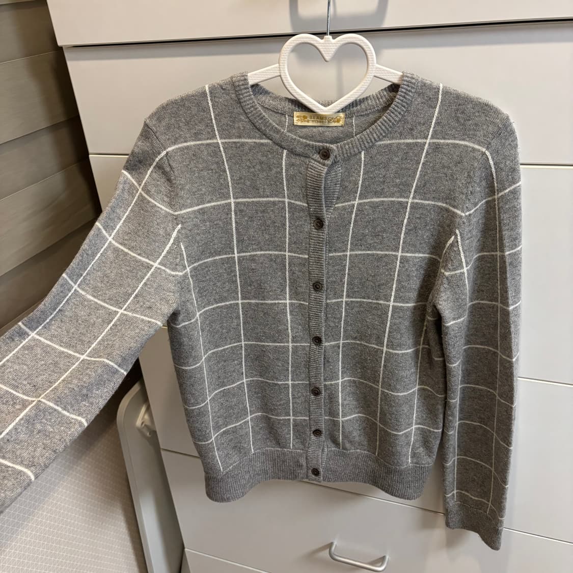 일본 빔즈하트 BEAMS 회색 체크 울혼방 가디건 상품이미지3