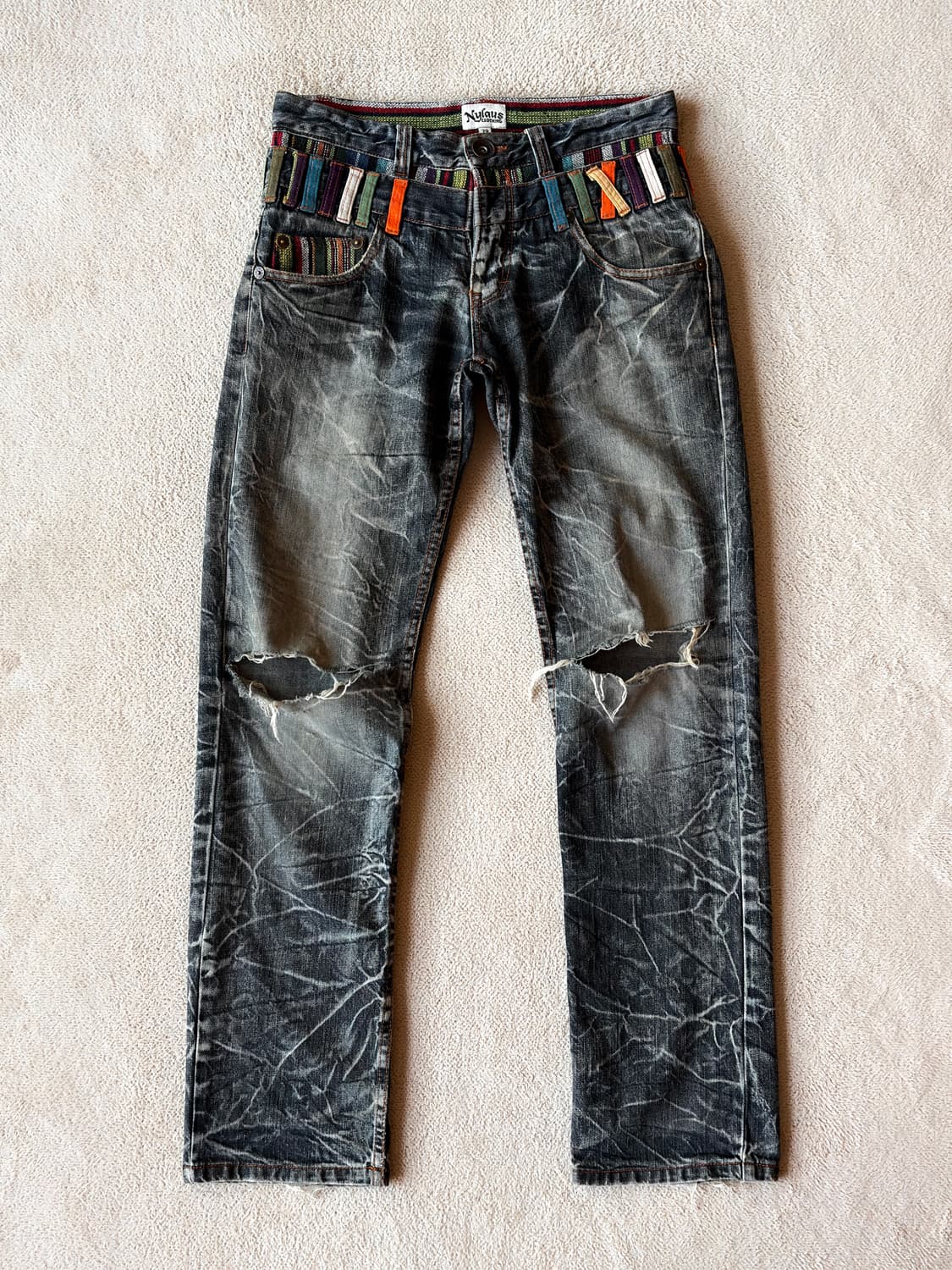 NYLAUS 더블 웨이스트 아플리케 디스트로이드 팬츠 상품이미지1