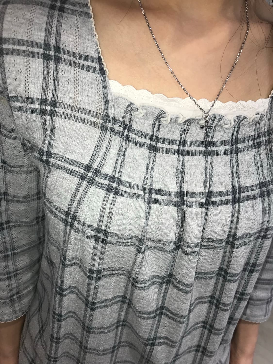 ⊹ Theoria Grey Check Frill Top 상품이미지4