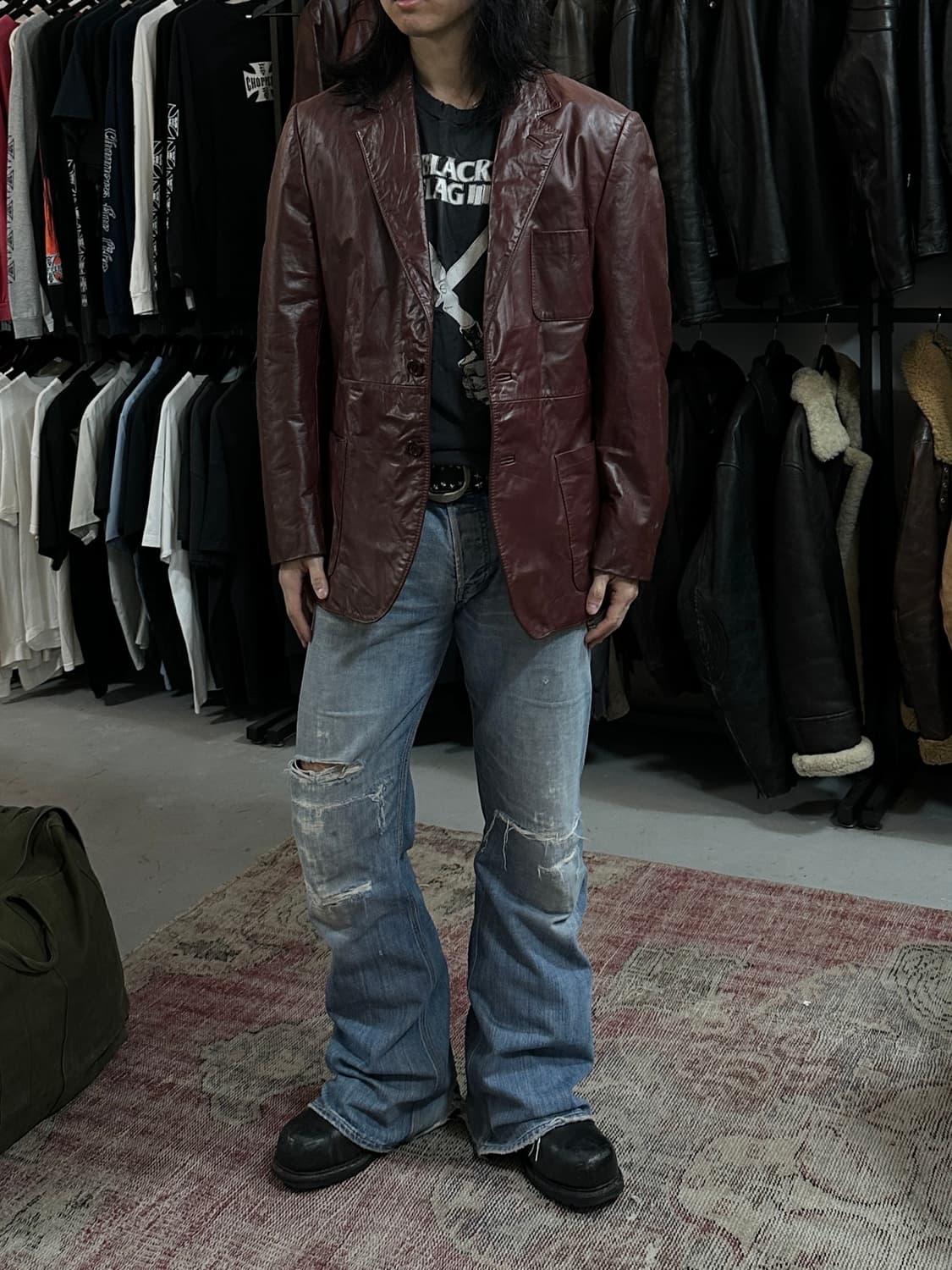 80's 빈티지 버건디 레더 자켓 파이트클럽 레더 블레이저 상품이미지2