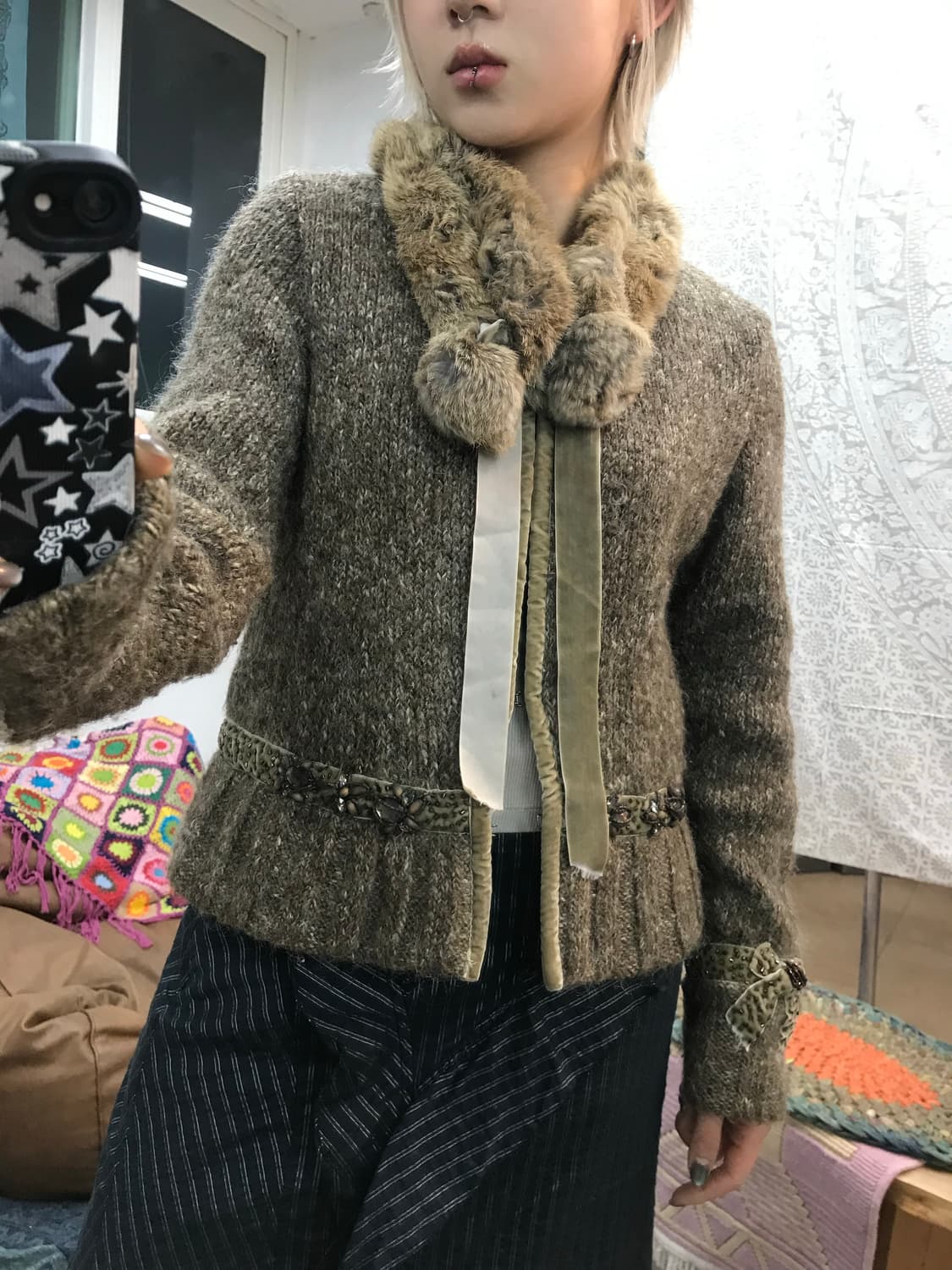 여성 빈티지 퍼 울 니트 가디건  상품이미지1