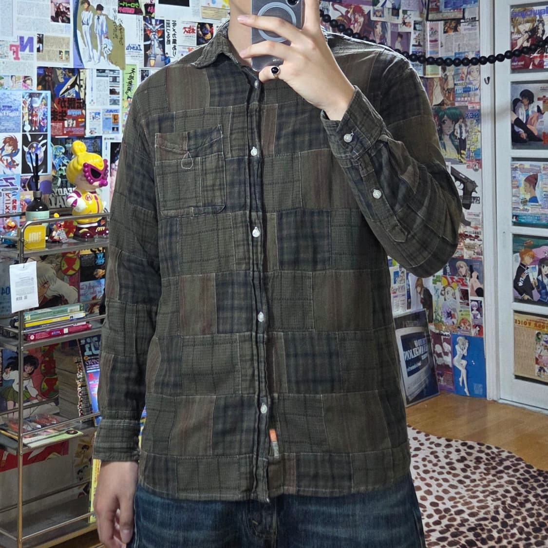 JPN 패치워크 카키 브라운 체크 코튼 셔츠 상품이미지1
