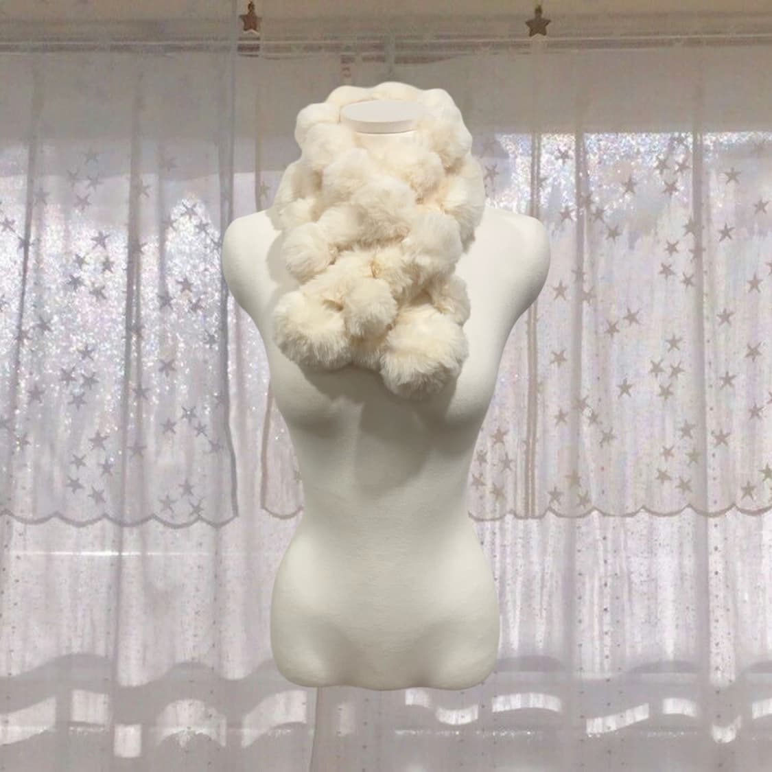 (미사용품) 일본 빈티지 러블리 아이보리 방울 퍼 목도리 갸루 양산형 상품이미지1