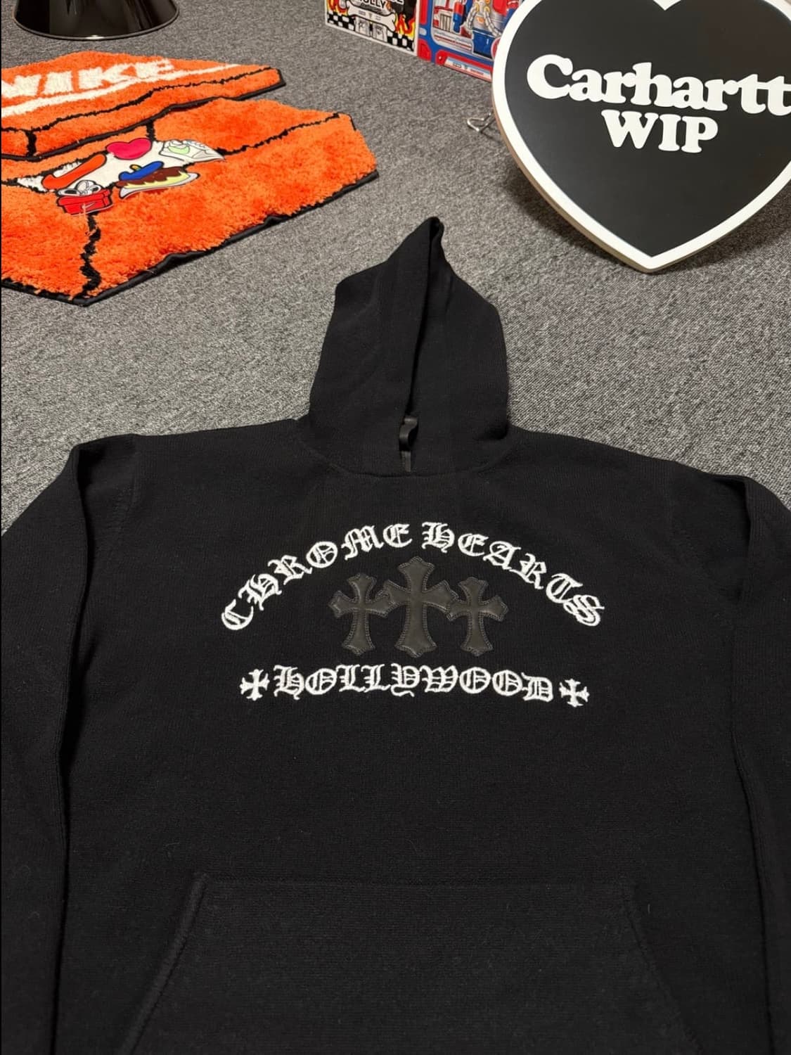 [XL] 크롬하츠 세메터리 크로스 레더 패치 캐시미어 후드 니트 블랙 상품이미지5