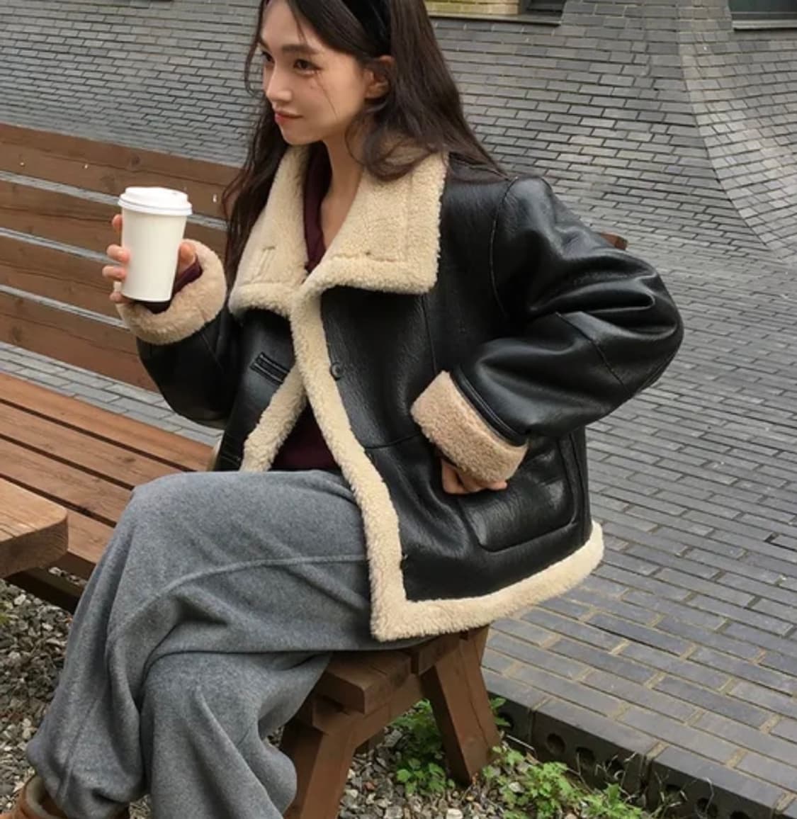 프리버07 하이넥 레더 무스탕 블랙 상품이미지1