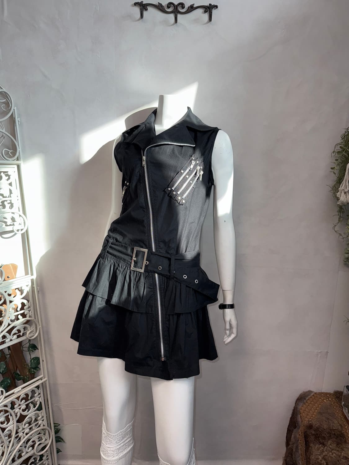 Black punk skull zipper belted ops 상품이미지4