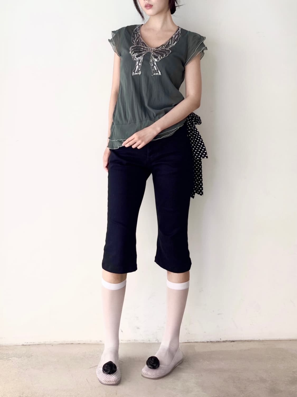 Ribbon beads top / deep green 상품이미지5