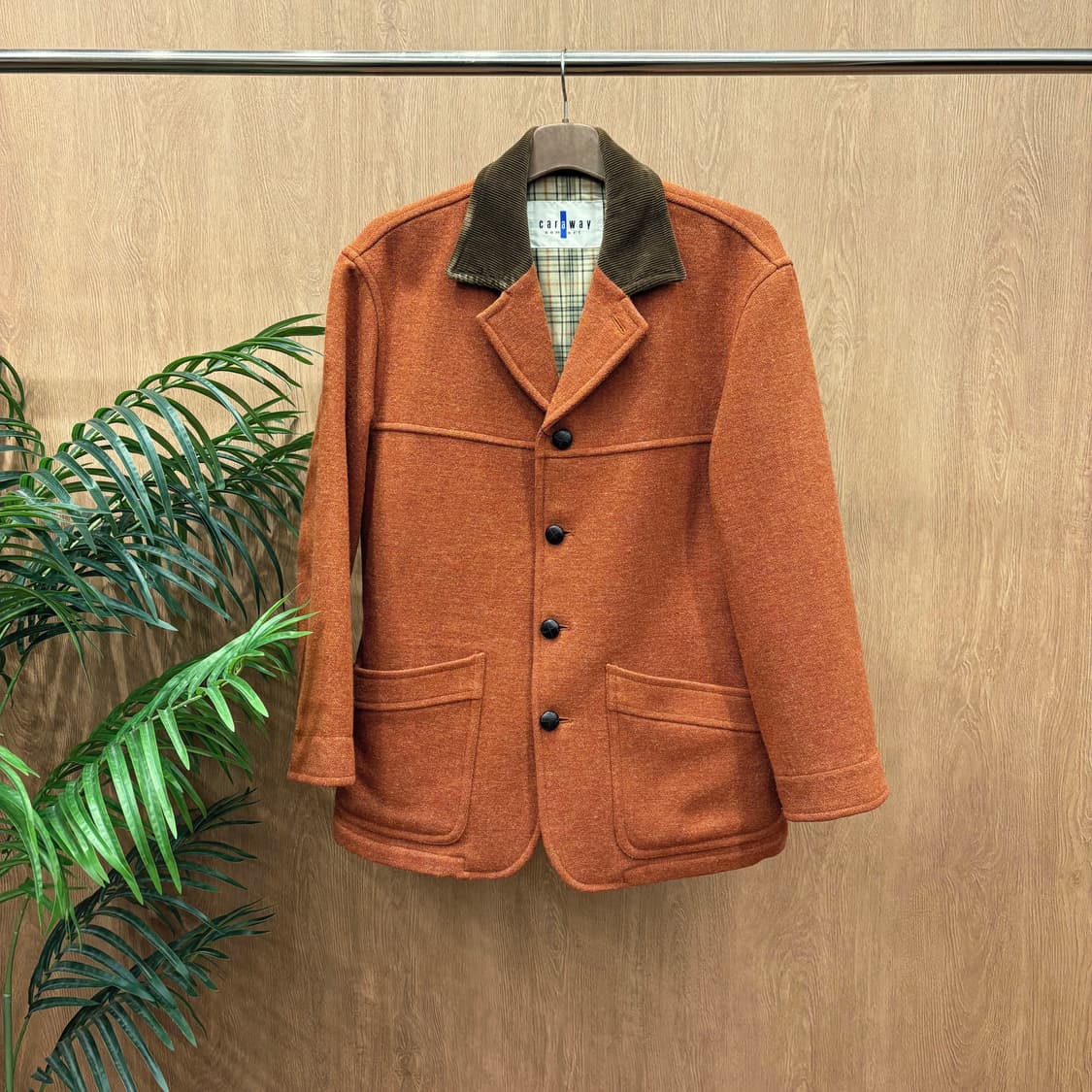 카라웨이 컴포트 울 자켓 체크 안감 배색 카라 체스트 절개 디테일 오렌지 상품이미지1