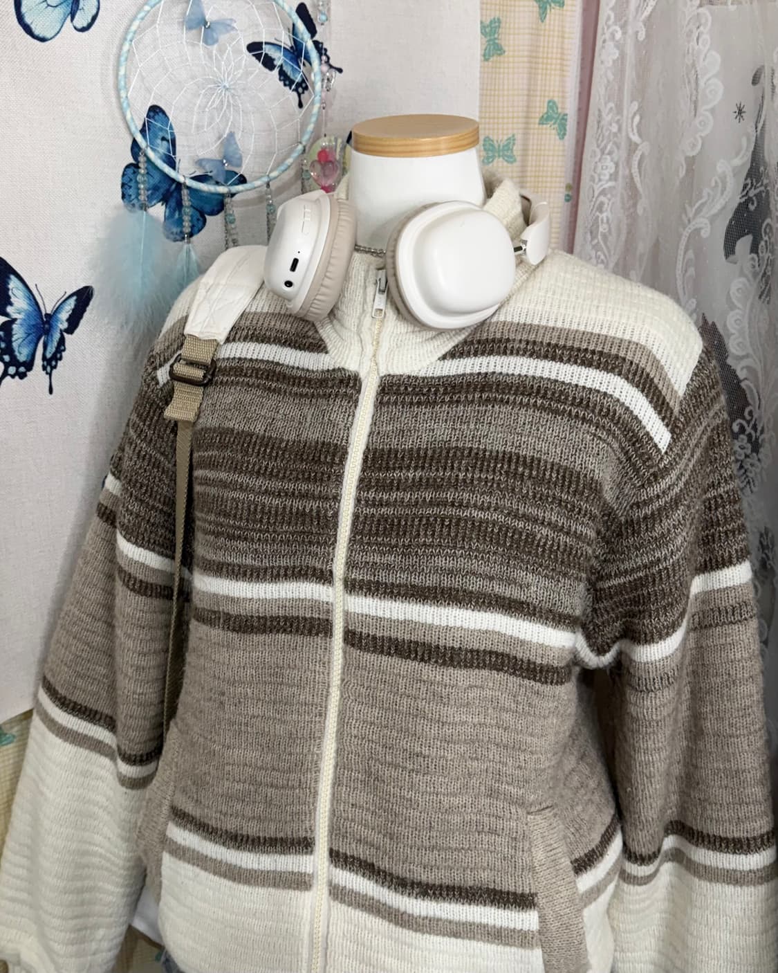 아이보리 & 브라운 뽀글이 니트 집업 자켓 상품이미지2