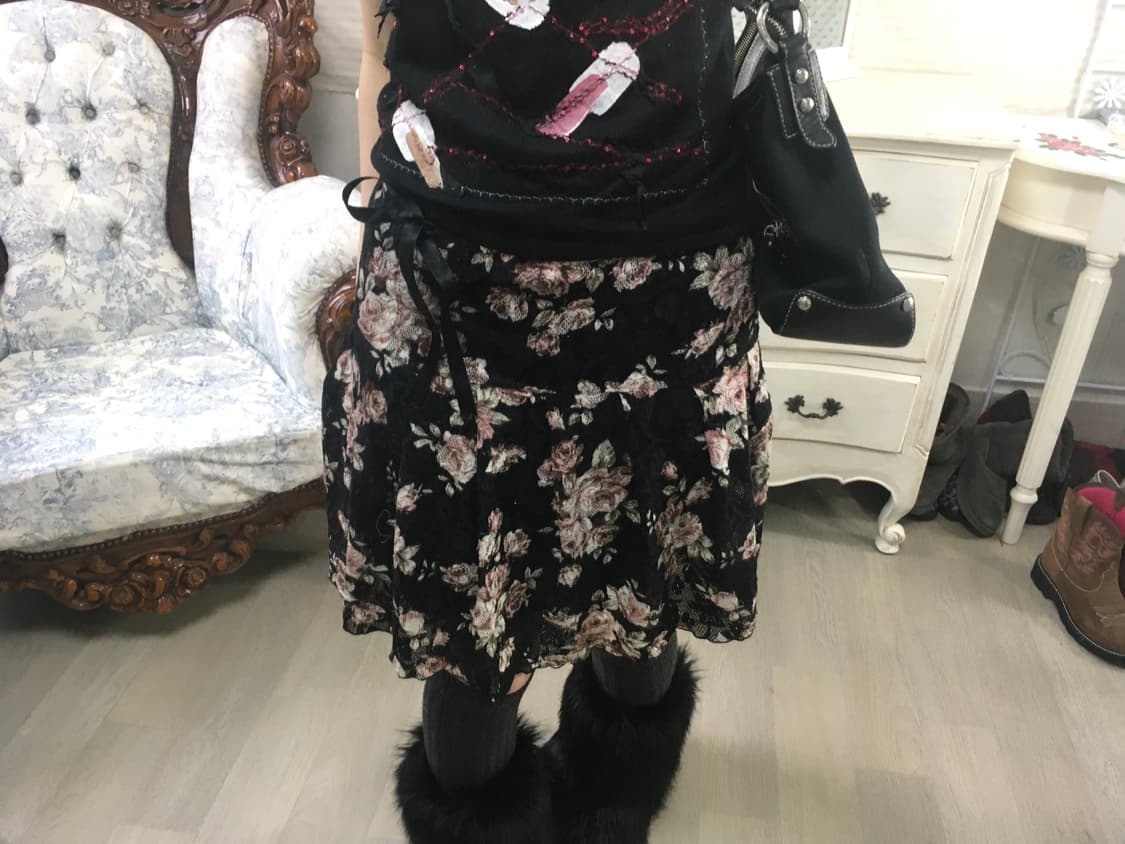 jpn vintage black rose lace frill skirt 상품이미지3