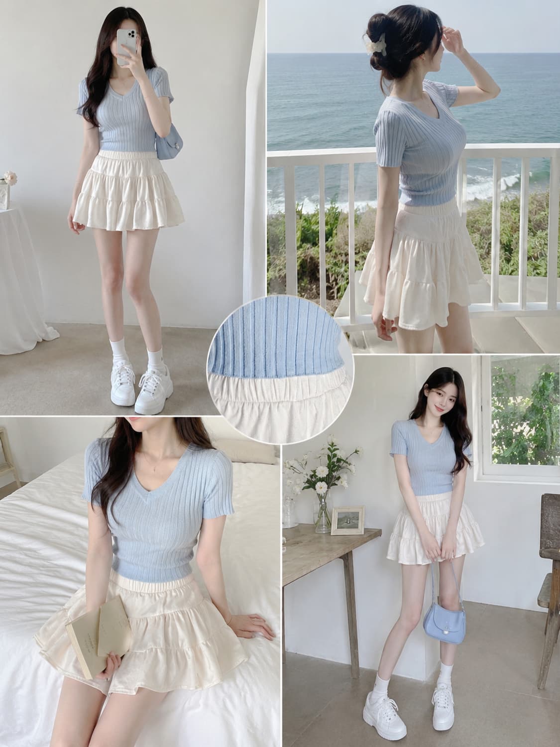 페일제이드 베이비블루 골지 브이넥 니트반팔티 +오트밀 캉캉 미니스커트S 상품이미지1