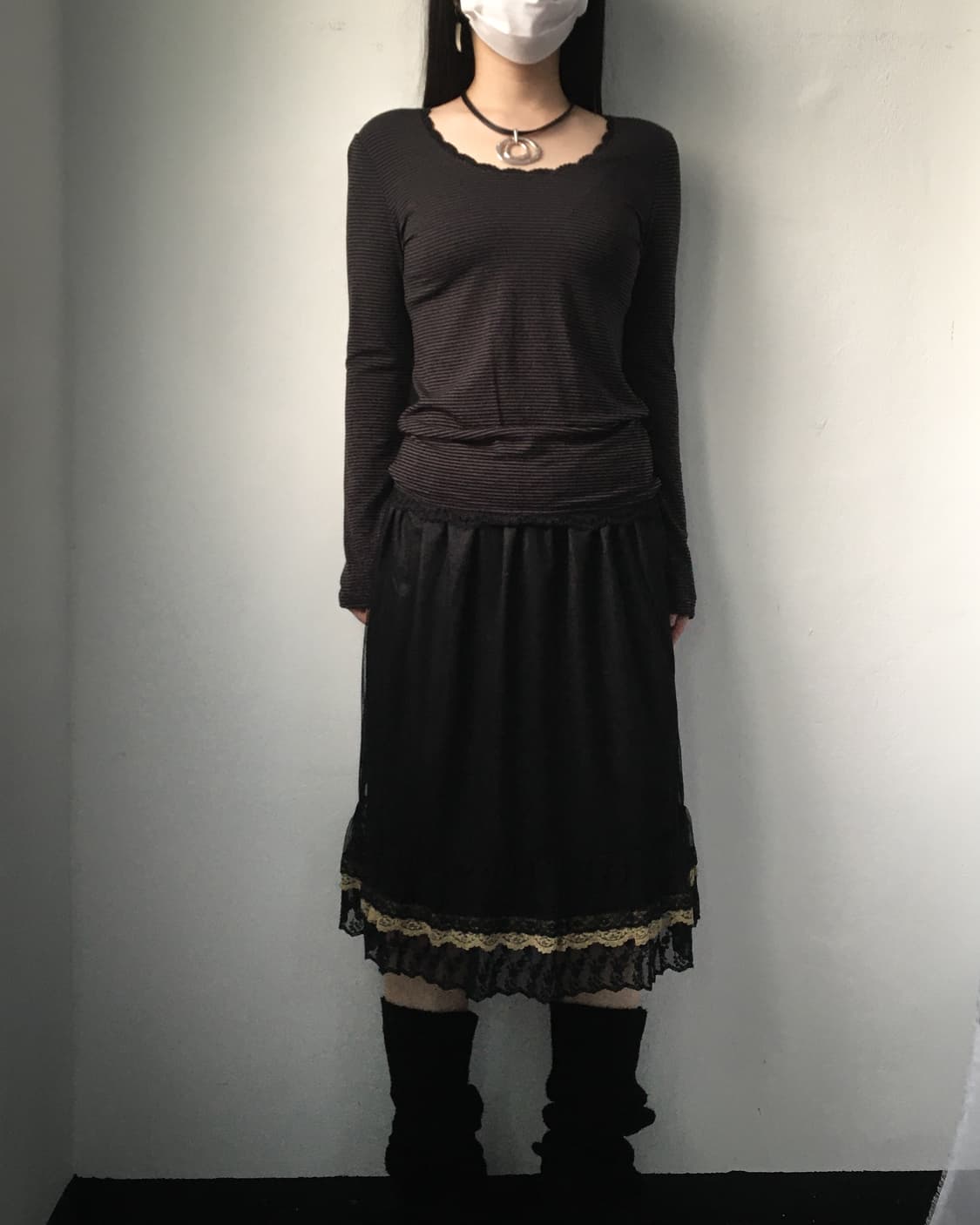 lace trimming stripe pattern sleeve 상품이미지1