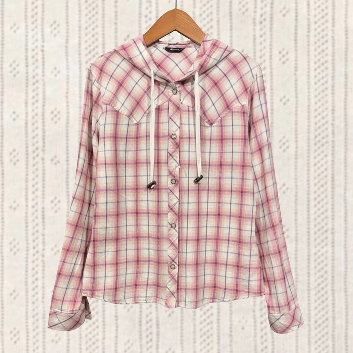일본 빈티지 핑크 체크 글리터 모리걸 후드 셔츠 상품이미지1