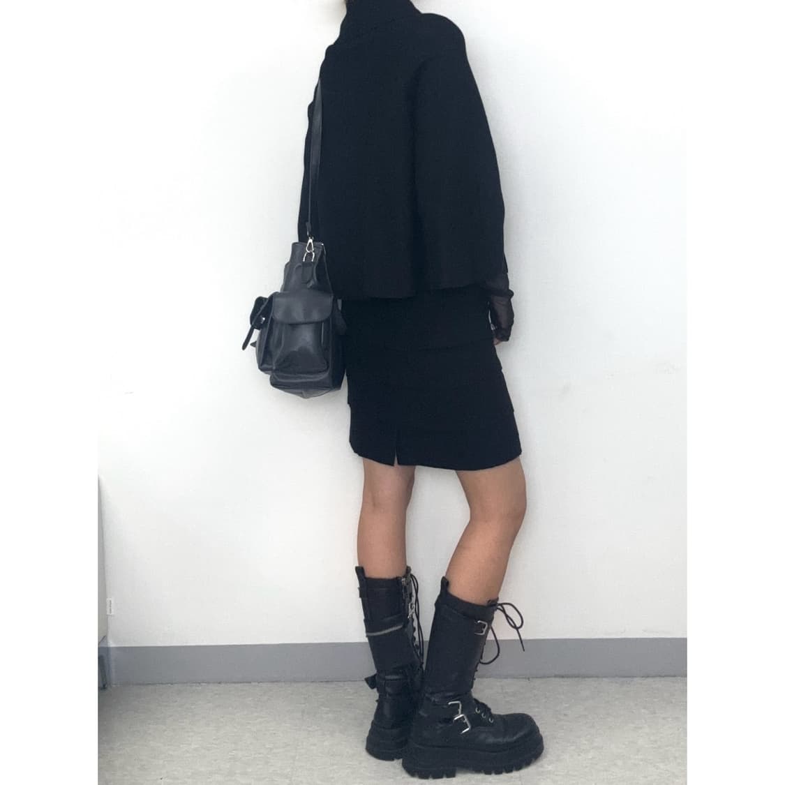빈티지 울90% 블랙 케이프 하프 코트 상품이미지5