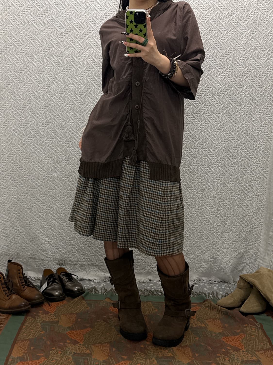 빈티지 캐주얼 코지 하운드체크 플리츠 미디스커트 K0034 상품이미지1