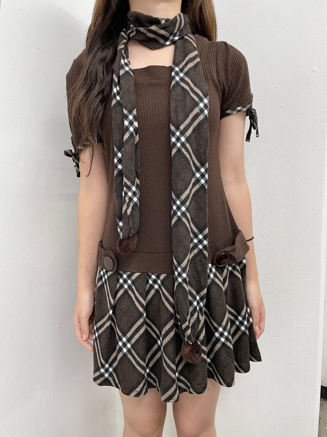 라떼갸루 체크 플리츠 원피스 머플러 세트*레어 상품이미지3