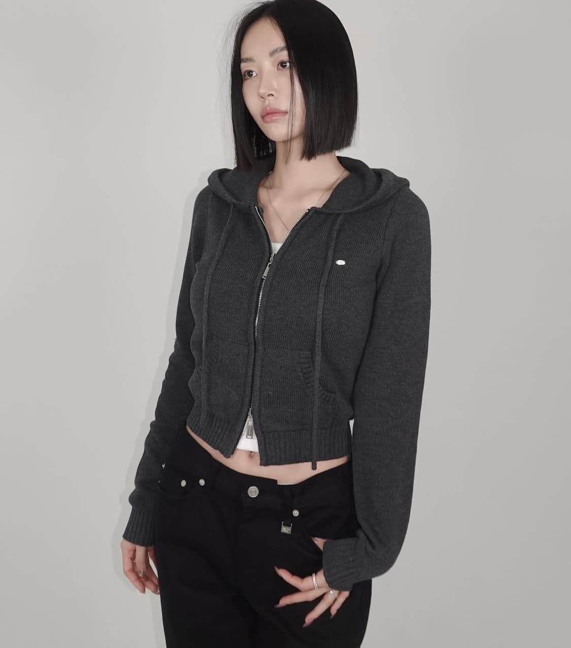 페일제이드 코튼 니트 후드 집업 - 차콜 상품이미지2