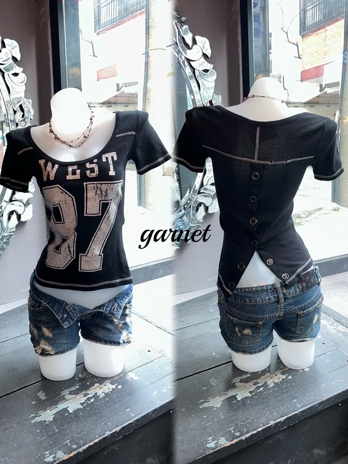 garnet 가넷 뒷면 단추 프린팅 스티치 반팔티 y2k펑크갸루 상품이미지2