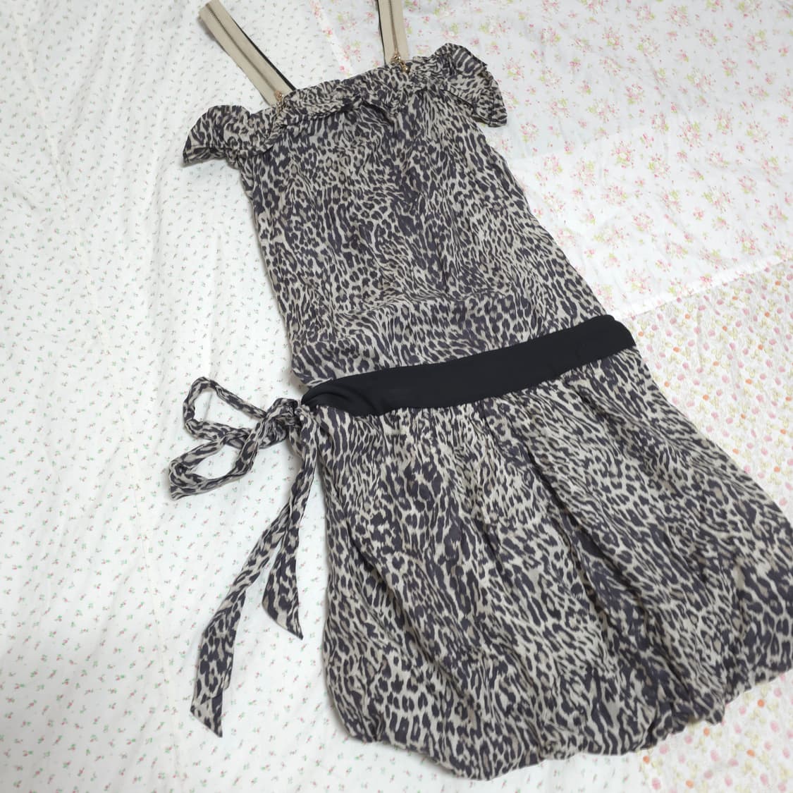 오네갸루 호피 레오파드 골드 슬리브리스 원피스 상품이미지2