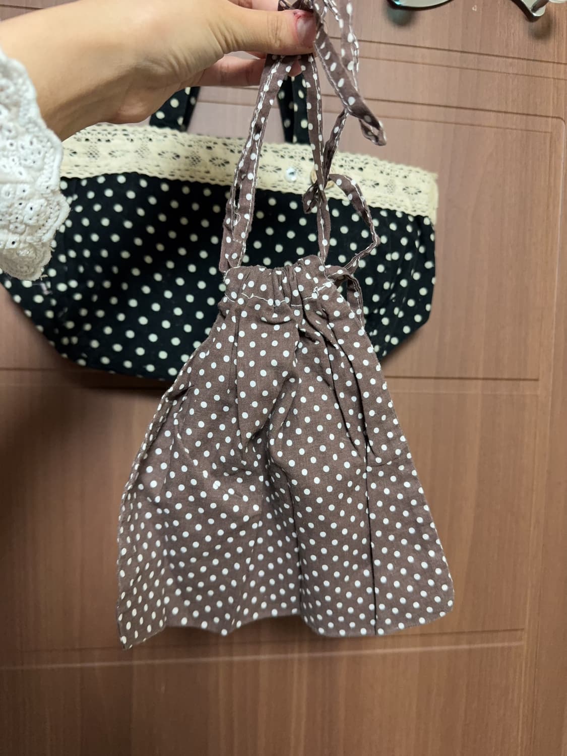 모리걸 하구미 일본 빈티지 코듀로이 블랙 도트 레이스 핸드백 지갑 상품이미지3