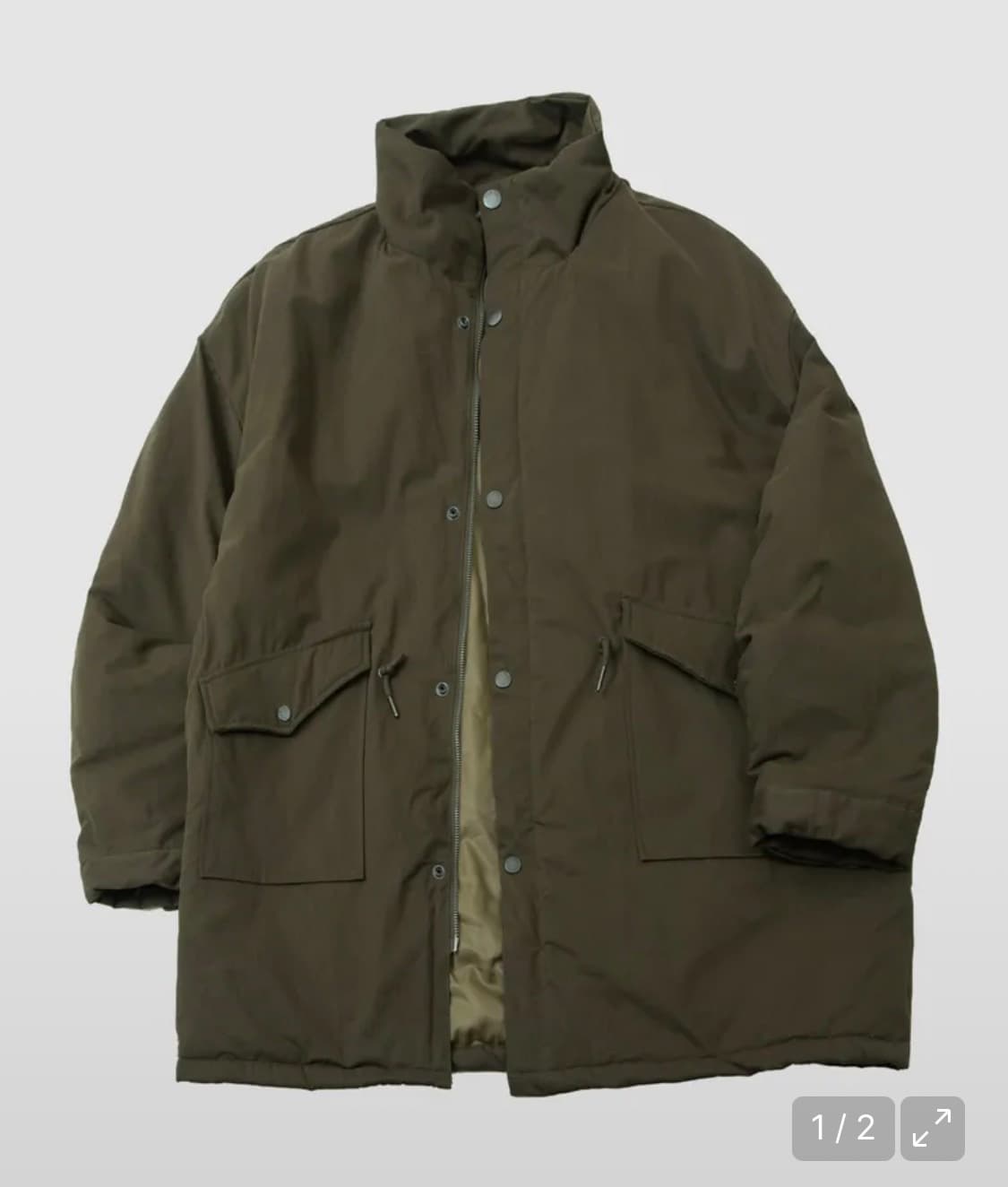 썸플레이스 하이넥 집업 버튼 빅 포켓 오버핏 피쉬테일 패딩 야상 코트  상품이미지1