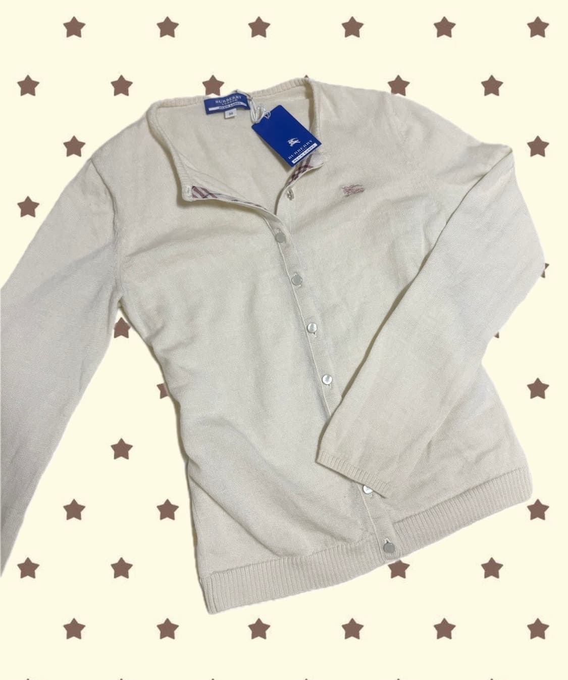 버버리 블루라벨 기마로고 노바체크 로즈골드 크림 니트 가디건 38사이즈 상품이미지1