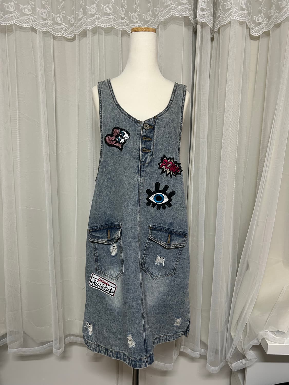 데님 패치워크 나시 원피스 하구미 오네갸루 모리걸 상품이미지1