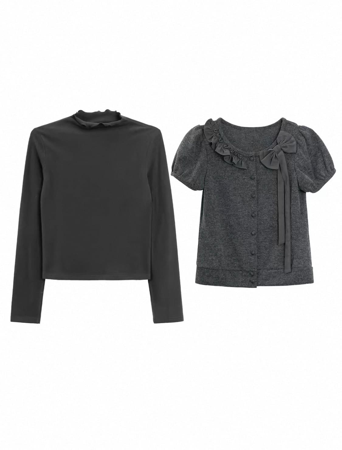 LOVEHEYNEW 스윗 리본 반팔 가디건 레이어드 세트 상품이미지1