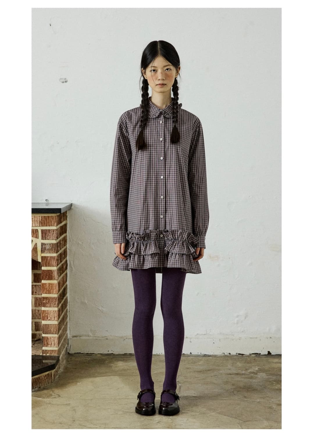 호쿠스포쿠스 Plum Check Trimming Shirt Dress 상품이미지1