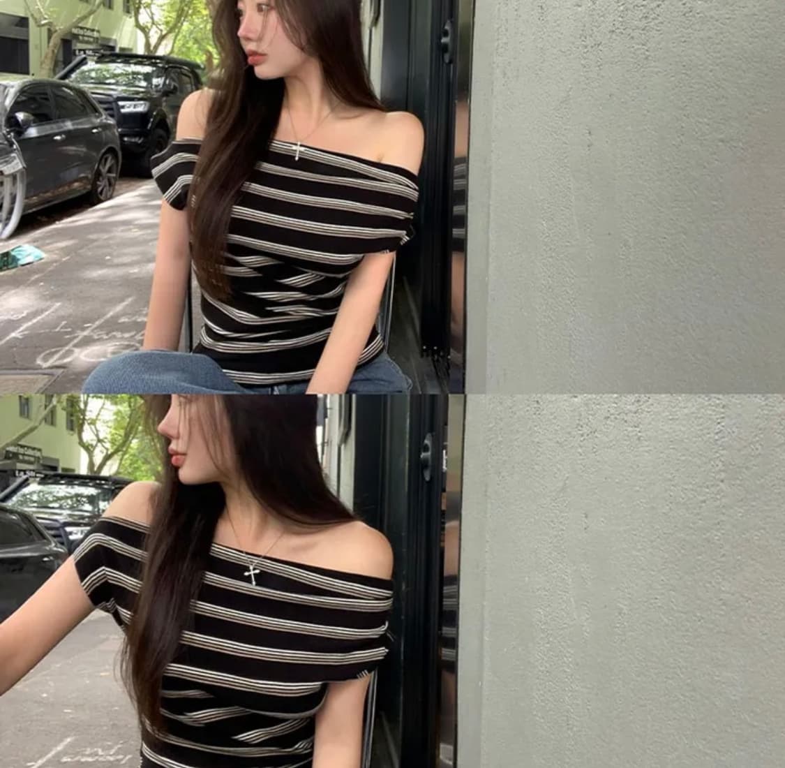 새상품) 에이블리 베이델리 스트라이프 오프숄더 반팔 티셔츠 상품이미지1