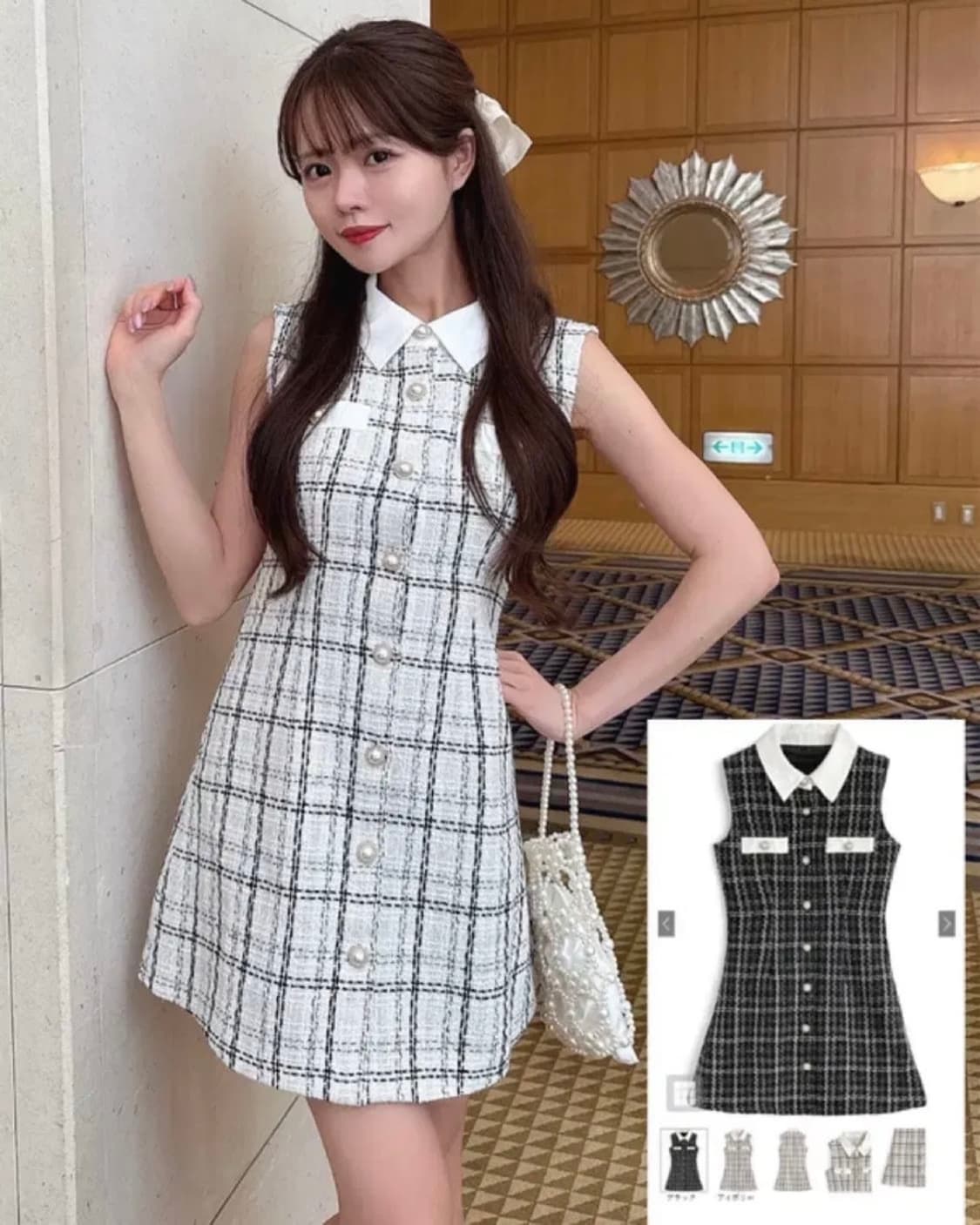 GRL 그레일 트위드 체크 민소매 미니 원피스 아이보리 스나계 상품이미지3