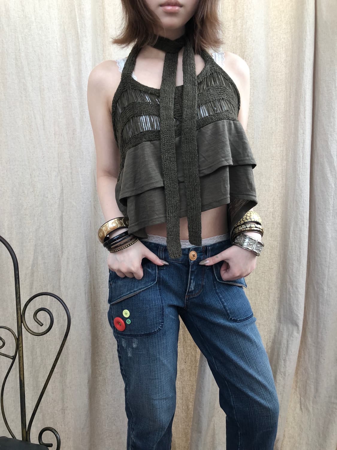 카키 크로셰 홀터탑 상품이미지2