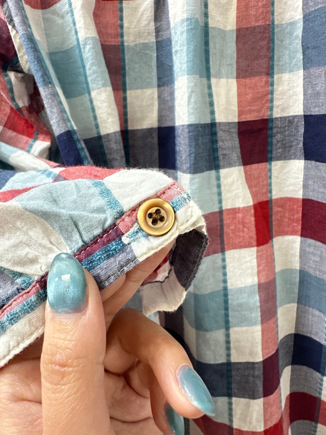 일본빈티지 코튼100 멀티 체크 셔링 디테일 7부 블라우스 티셔츠 상품이미지5