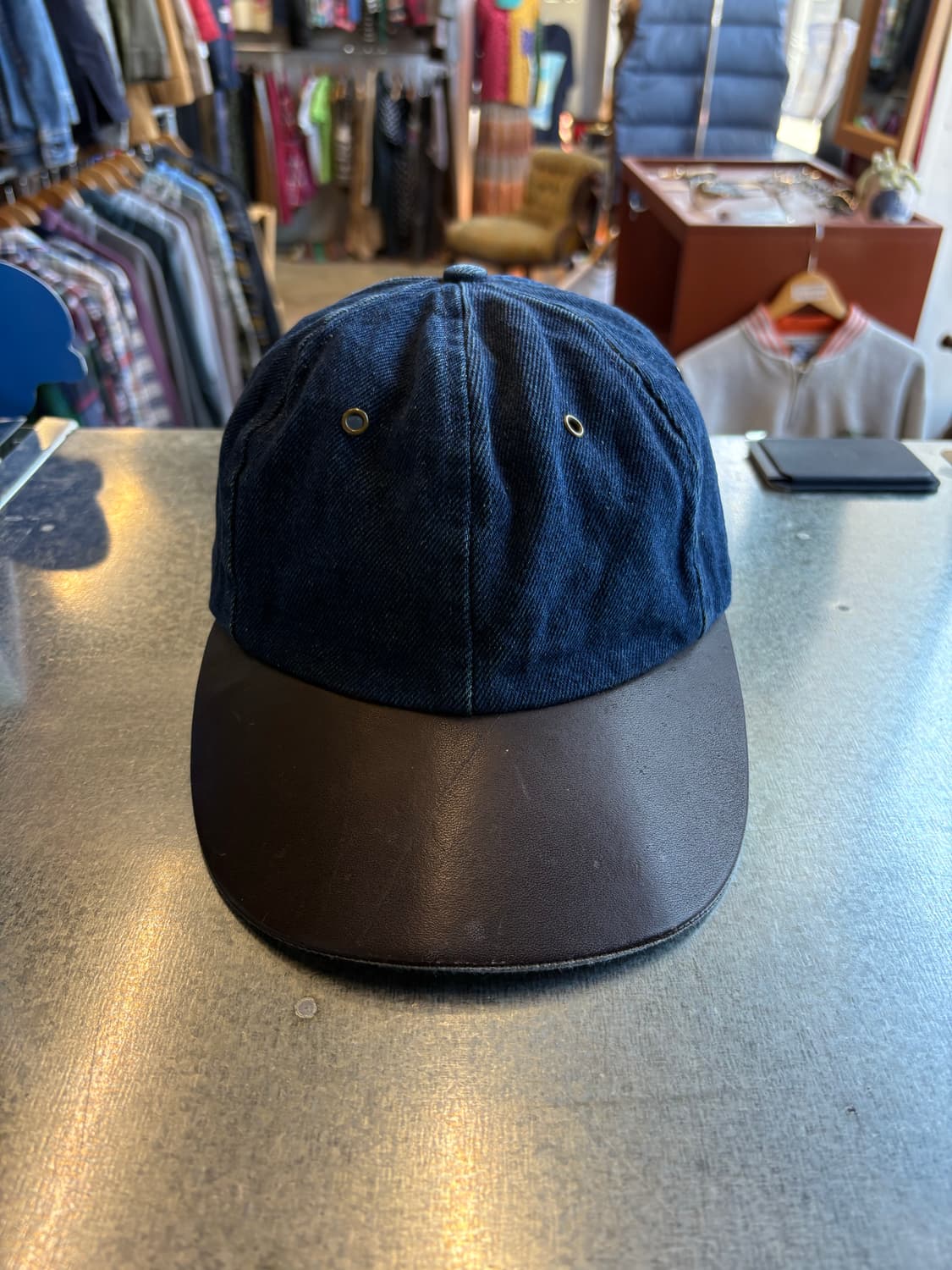 90s USA 에디바우어 리얼 레더 데님 캡 상품이미지1