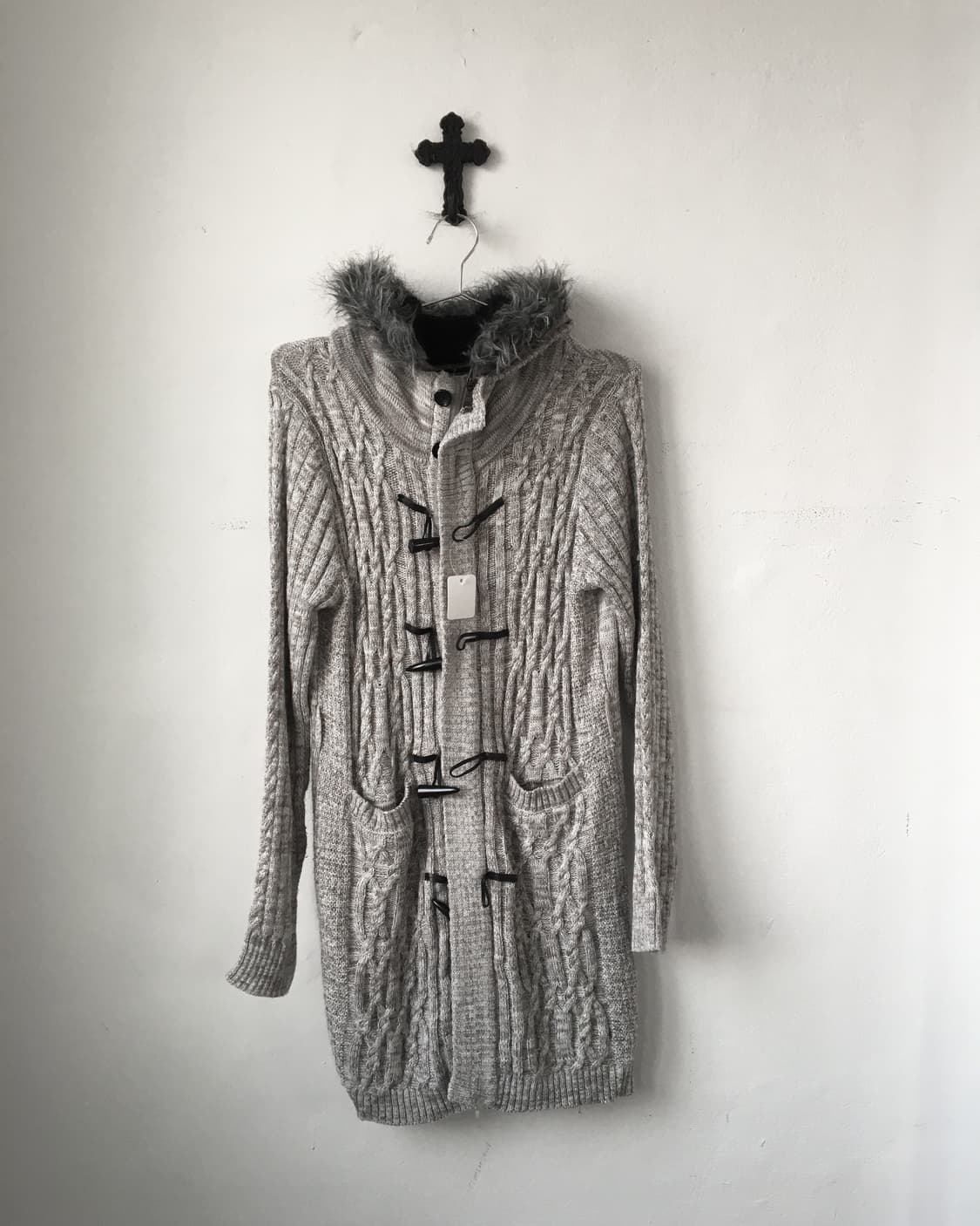 Fake fur hood duffle button knit cardiga 상품이미지2