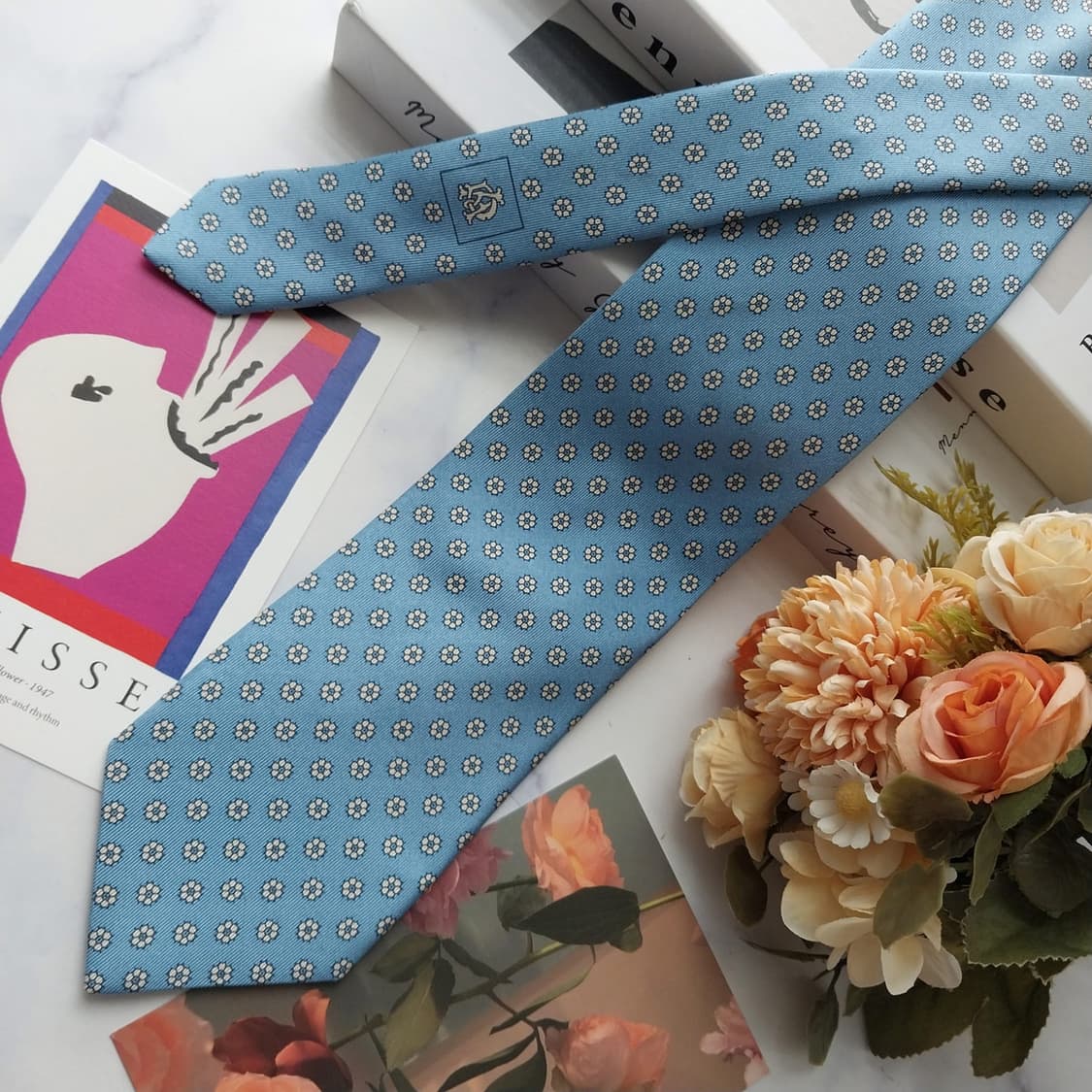 던힐 실크 스카이블루 플라워 넥타이 8.2cm A+등급 K2521 상품이미지4