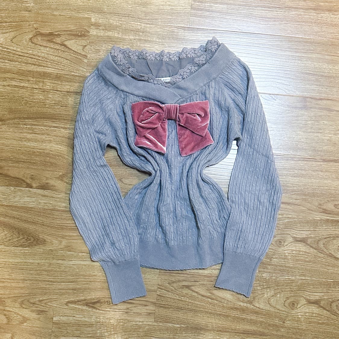 빈티지 엑시즈팜 그레이 레이스 니트 티셔츠 히메갸루 로걀 라떼 리본 상품이미지1