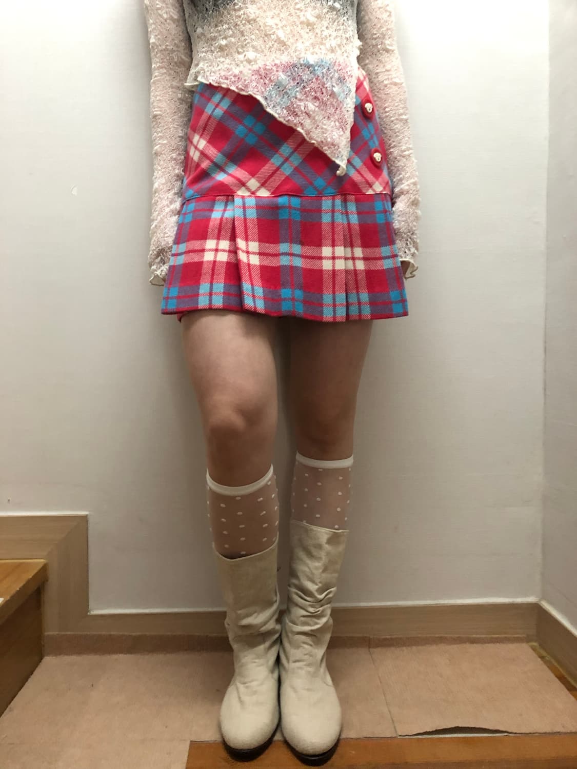 빈티지 핑크 블루 체크 미니 플리츠 스커트 상품이미지7