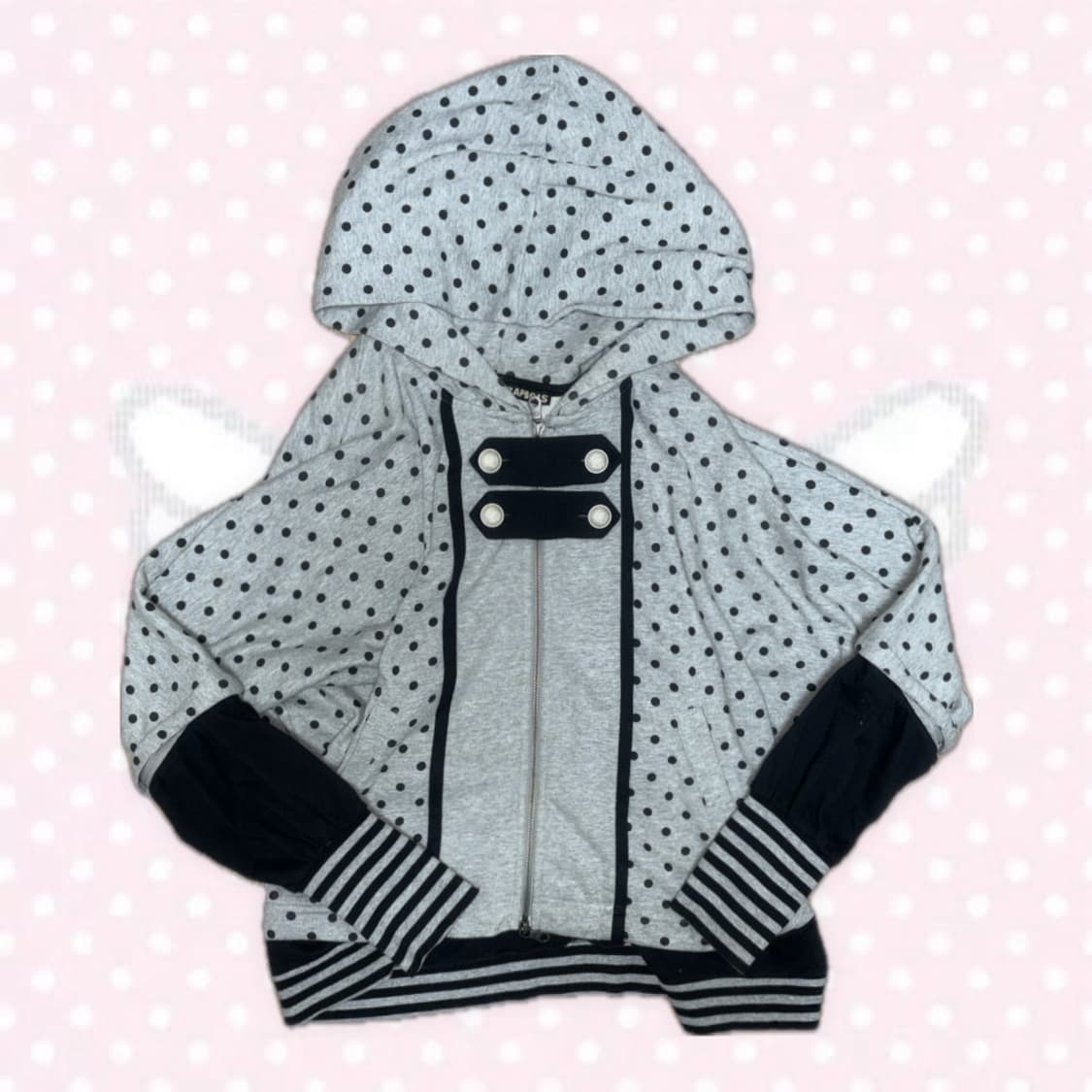 모리걸 갸루 단추 투웨이 팔분리가능 그레이&블랙 도트후드집업 상품이미지1