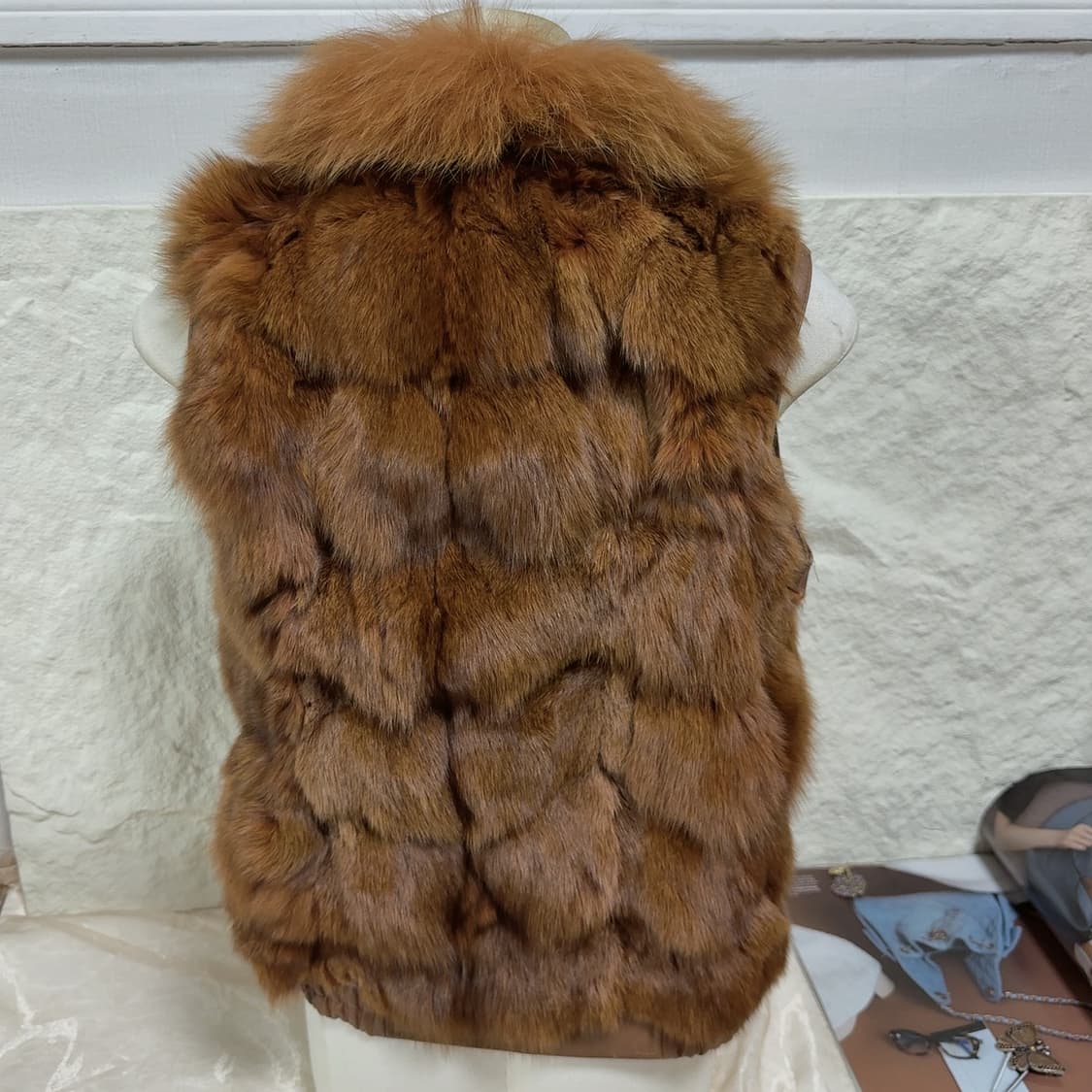 빈티지 브라운 폭스퍼 여우털 양가죽 조끼 베스트 상품이미지5