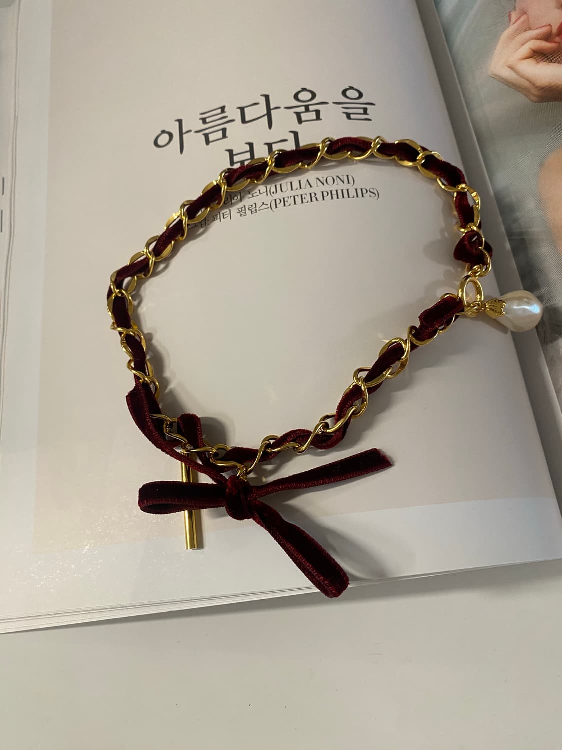 빈티지 버건디 벨벳 리본 진주 초커 상품이미지7