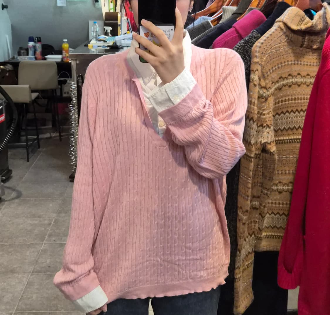 [NO.9] 로렌 연분홍 니트 셔츠 일체형 상품이미지1