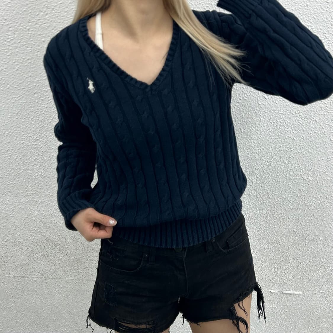 폴로 랄프로렌 화이트포니 네이비 꽈배기 브이니트 M 상품이미지1